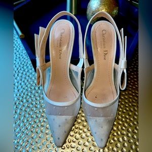 Dior Jadior White Plumetis Polka Crystal Ribbon Slingback Sandal Heel Pump 42
